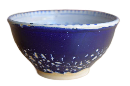 Ceramic Bowl with Hand Painted Flowers and Blue Glazes