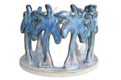 Ceramic Candle Holder with Blue Glazed Palm Trees