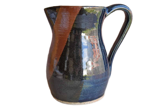 Attractive Handmade Stoneware Pitcher with Blue and Ochre Glazes