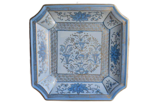 Blue and Gold Hand Painted Tray with Swan and Flowers