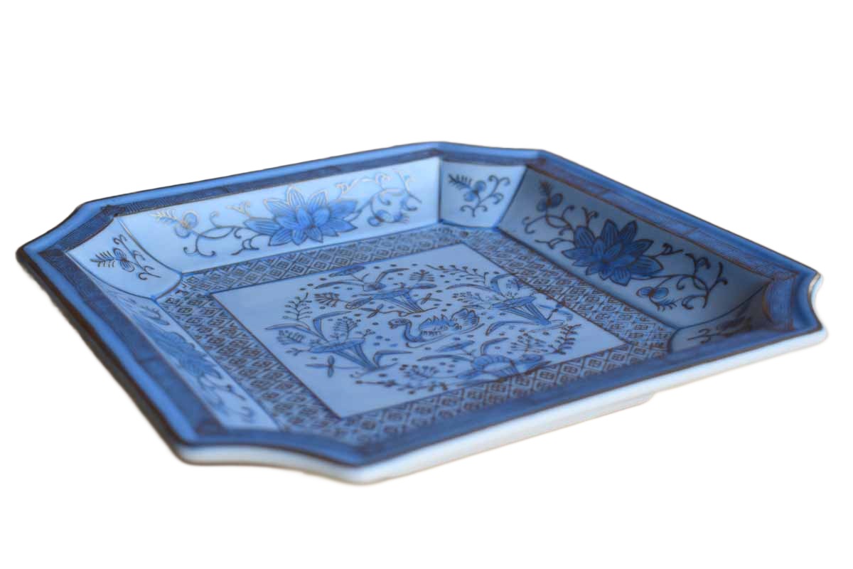 Blue and Gold Hand Painted Tray with Swan and Flowers