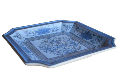 Blue and Gold Hand Painted Tray with Swan and Flowers