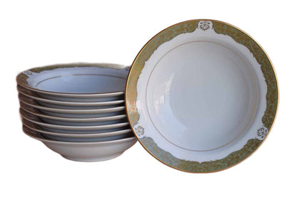 Wyndham Fine China (Japan) Monet Fruit Bowls with Green and Gold Trim. Set of 8