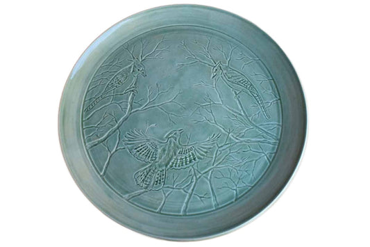 Large Ceramic Green Tray with Incised Birds in Trees Design