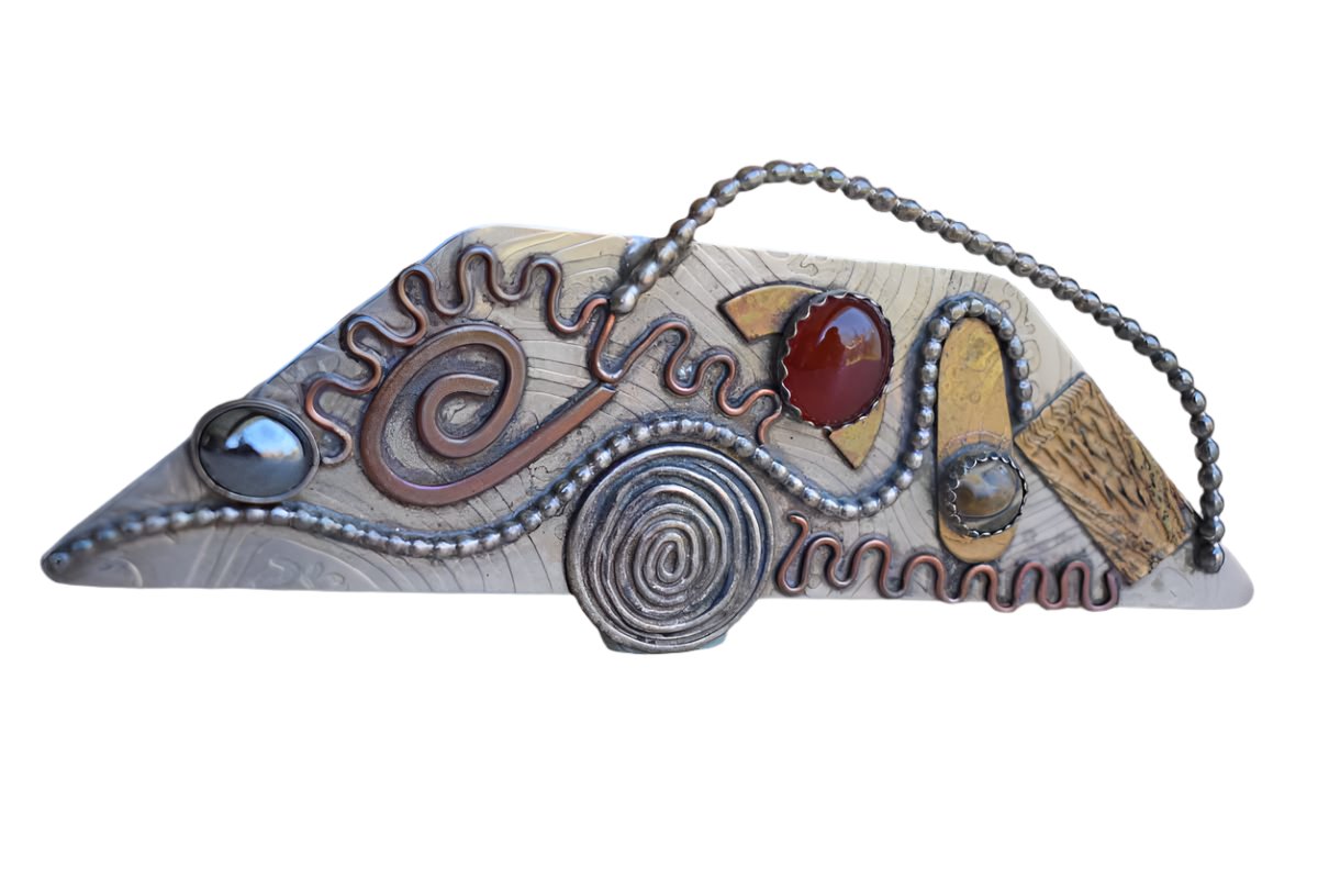 Funky Handmade Silver Brooch with Stones and Curvy Decorations