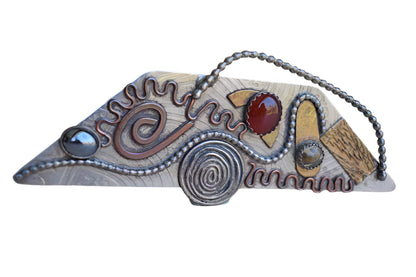 Funky Handmade Silver Brooch with Stones and Curvy Decorations