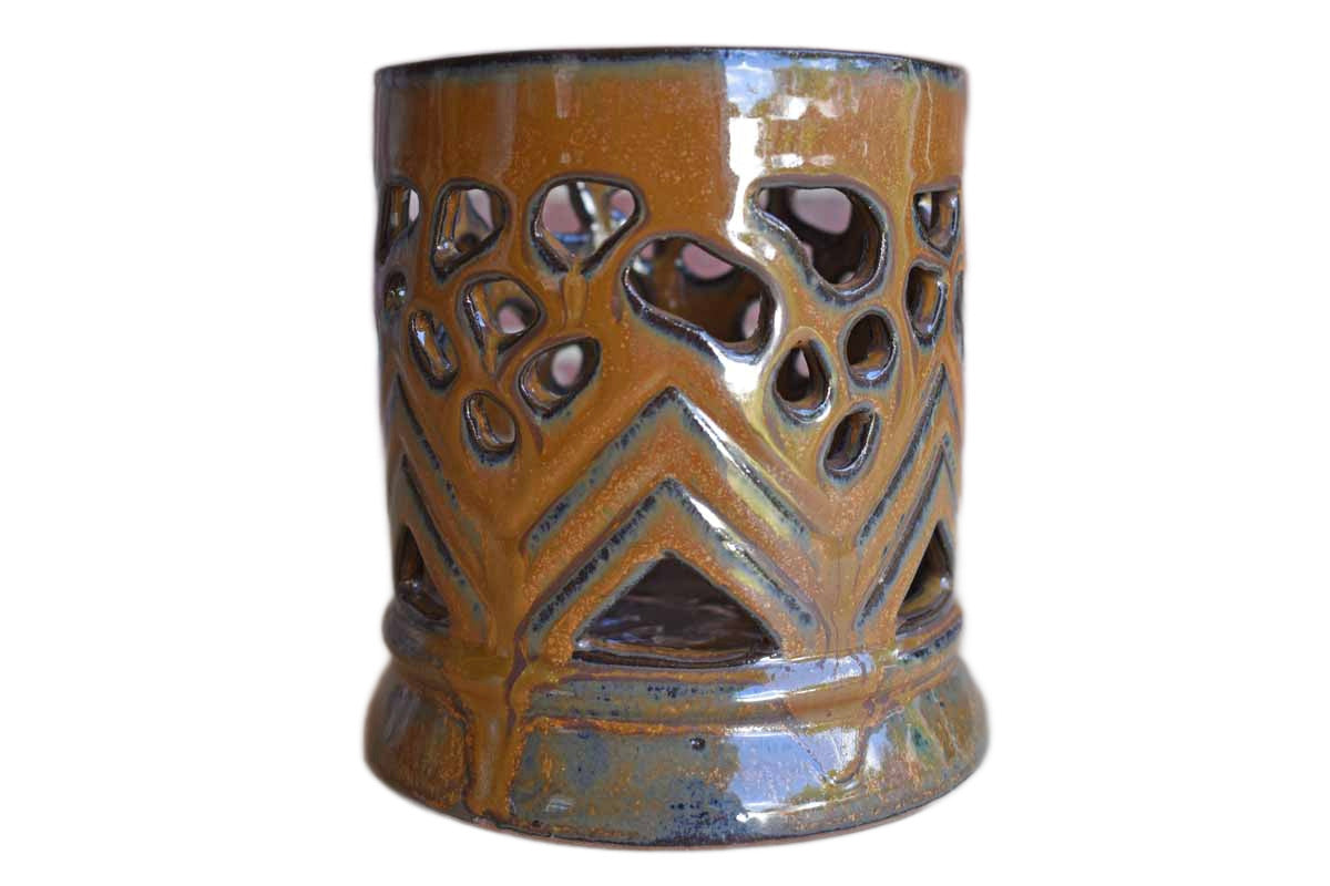 Ceramic Candle Votive with Drippy Brown Glazes
