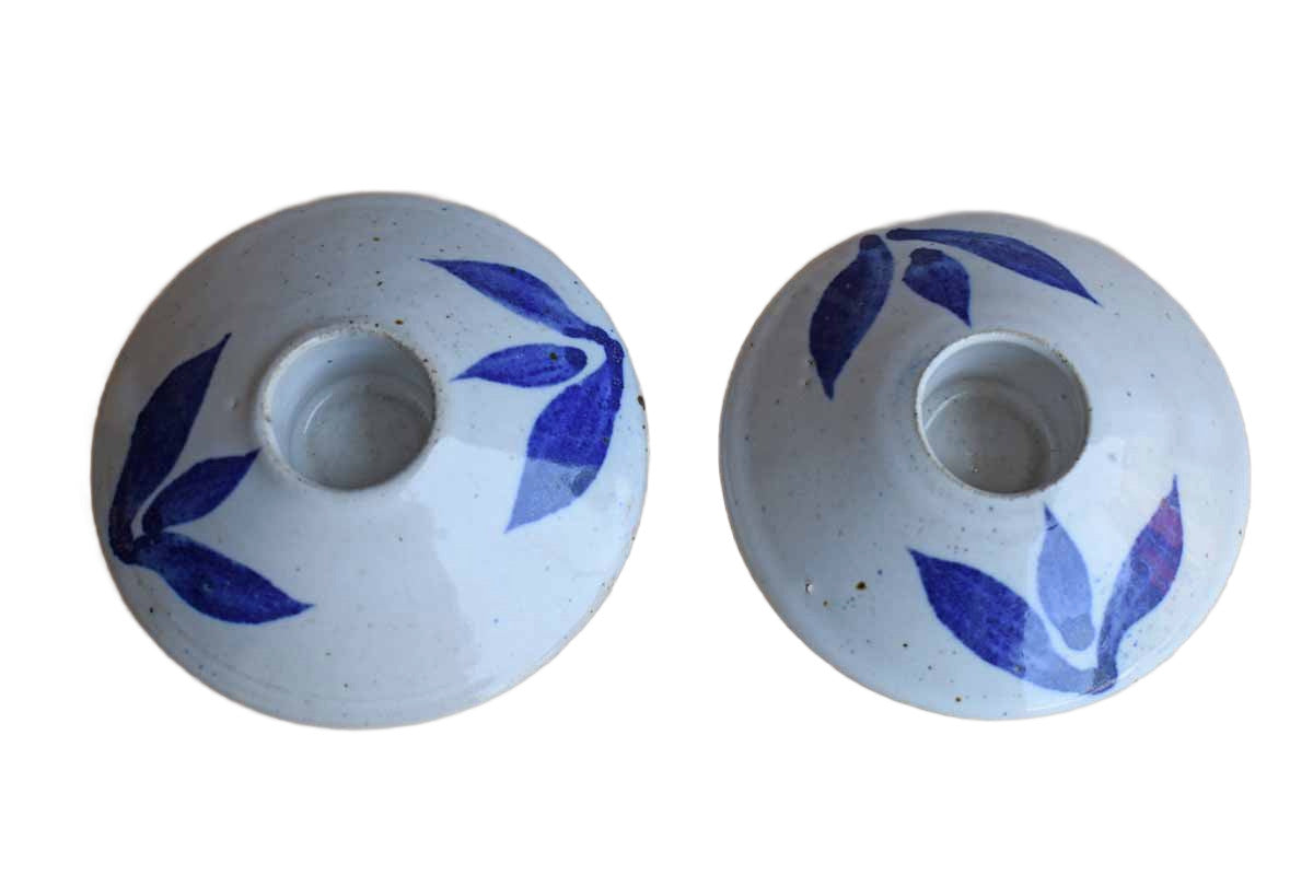 Handmade Stoneware Candle Holders with Blue Flowers, A Pair