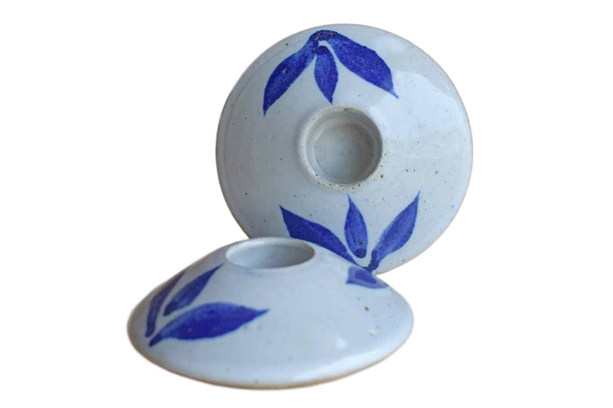 Handmade Stoneware Candle Holders with Blue Flowers, A Pair