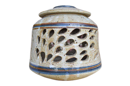 Stoneware Candle Holder with Teardrop Cut-Outs and Speckled Natural Glazes