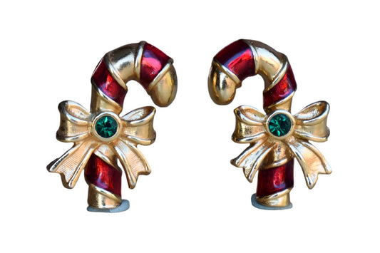 Avon Gold Tone Candy Cane and Ribbon Pierced Earrings