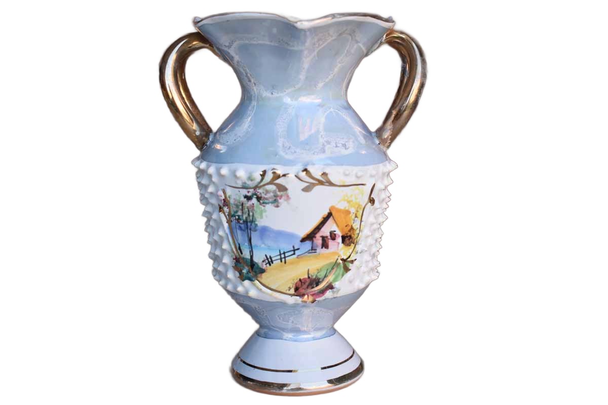 Little Ornate Porcelain Vase from Italy with House Scene Cameo and Luminescent Glazes