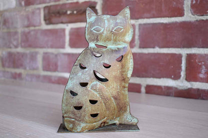 Metal Cat-Shaped Tea Light Candle Holder with Verdigris Patina Finish
