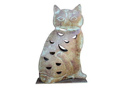 Metal Cat-Shaped Tea Light Candle Holder with Verdigris Patina Finish