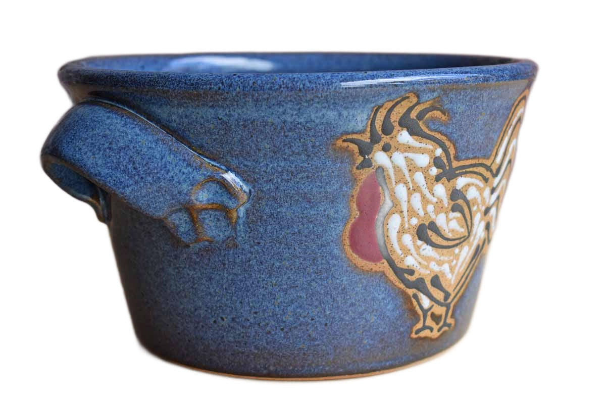 Blue Stoneware Bowl with Rooster Cameo