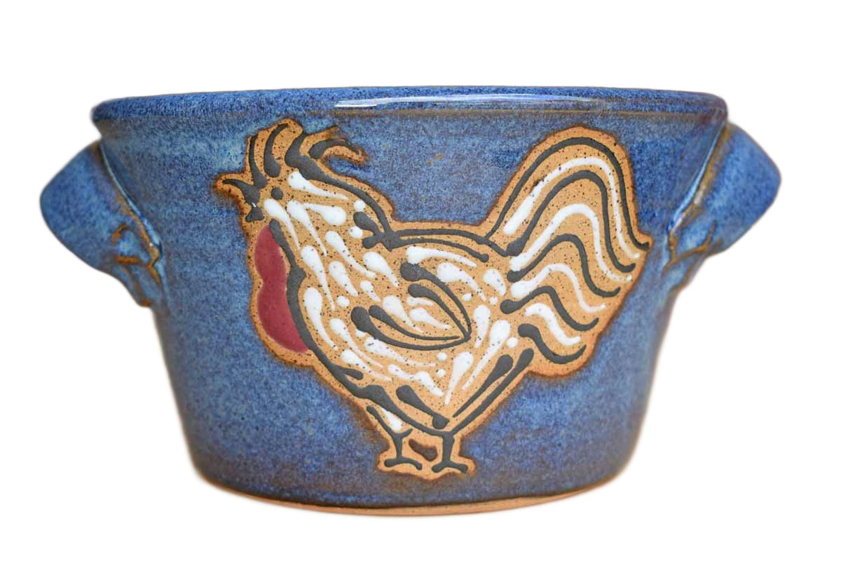 Blue Stoneware Bowl with Rooster Cameo