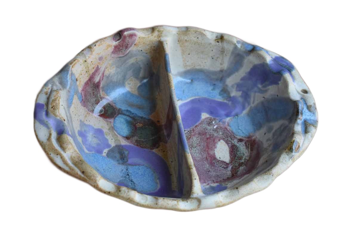 Stoneware Divided Serving Bowl with Purple, Blue, and Gray Glazes