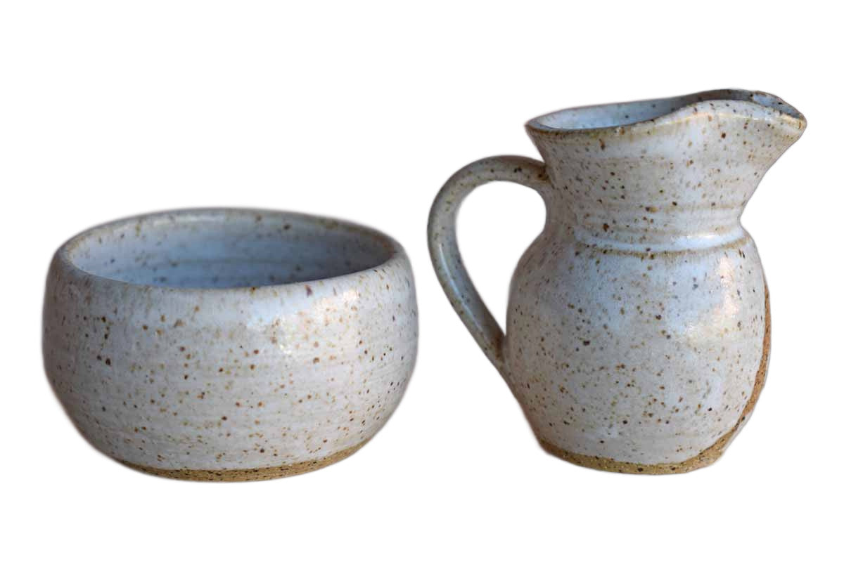Small Handmade Speckled Stoneware Sugar Bowl and Creamer Pitcher