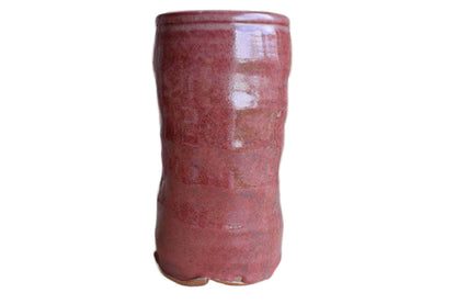 Tall Dusty Pink Stoneware Vase with Gentle Ribbing and Compressed Sides