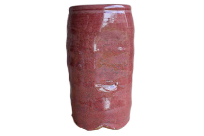 Tall Dusty Pink Stoneware Vase with Gentle Ribbing and Compressed Sides