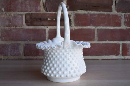 Fenton Art Glass (West Virginia, USA) Hobnail Milk Glass Handled Basket