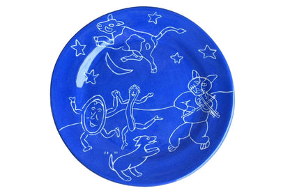 Handmade Blue Ceramic Plate with Hand Drawn "The Cat and the Fiddle"