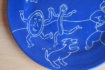 Handmade Blue Ceramic Plate with Hand Drawn "The Cat and the Fiddle"