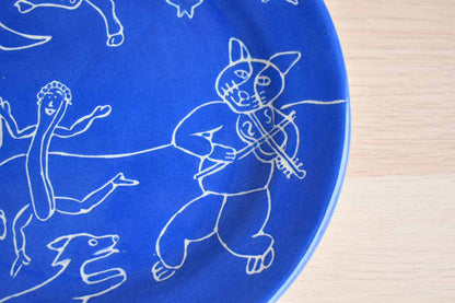 Handmade Blue Ceramic Plate with Hand Drawn "The Cat and the Fiddle"