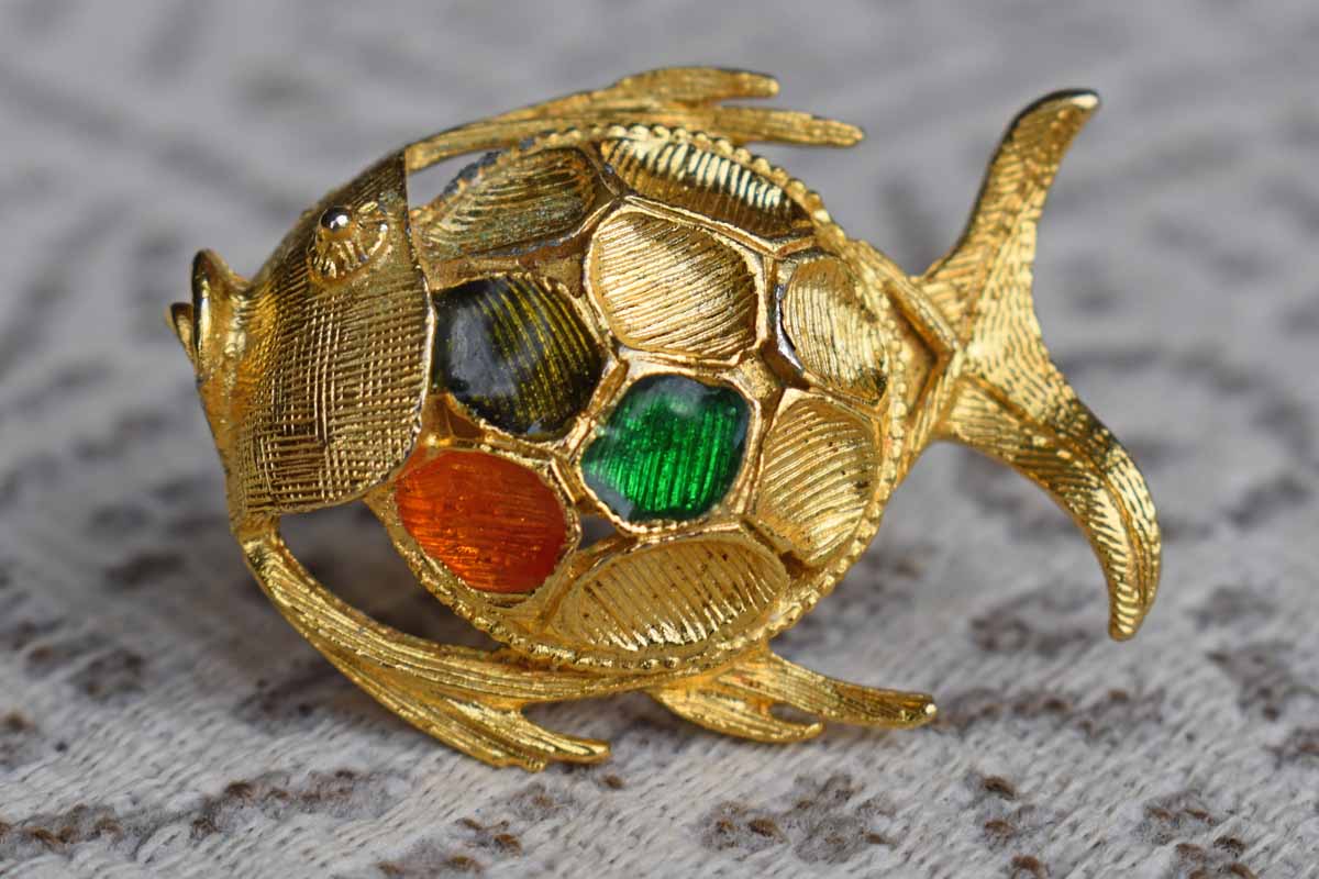Gold Tone Fish Brooch with Spots of Color