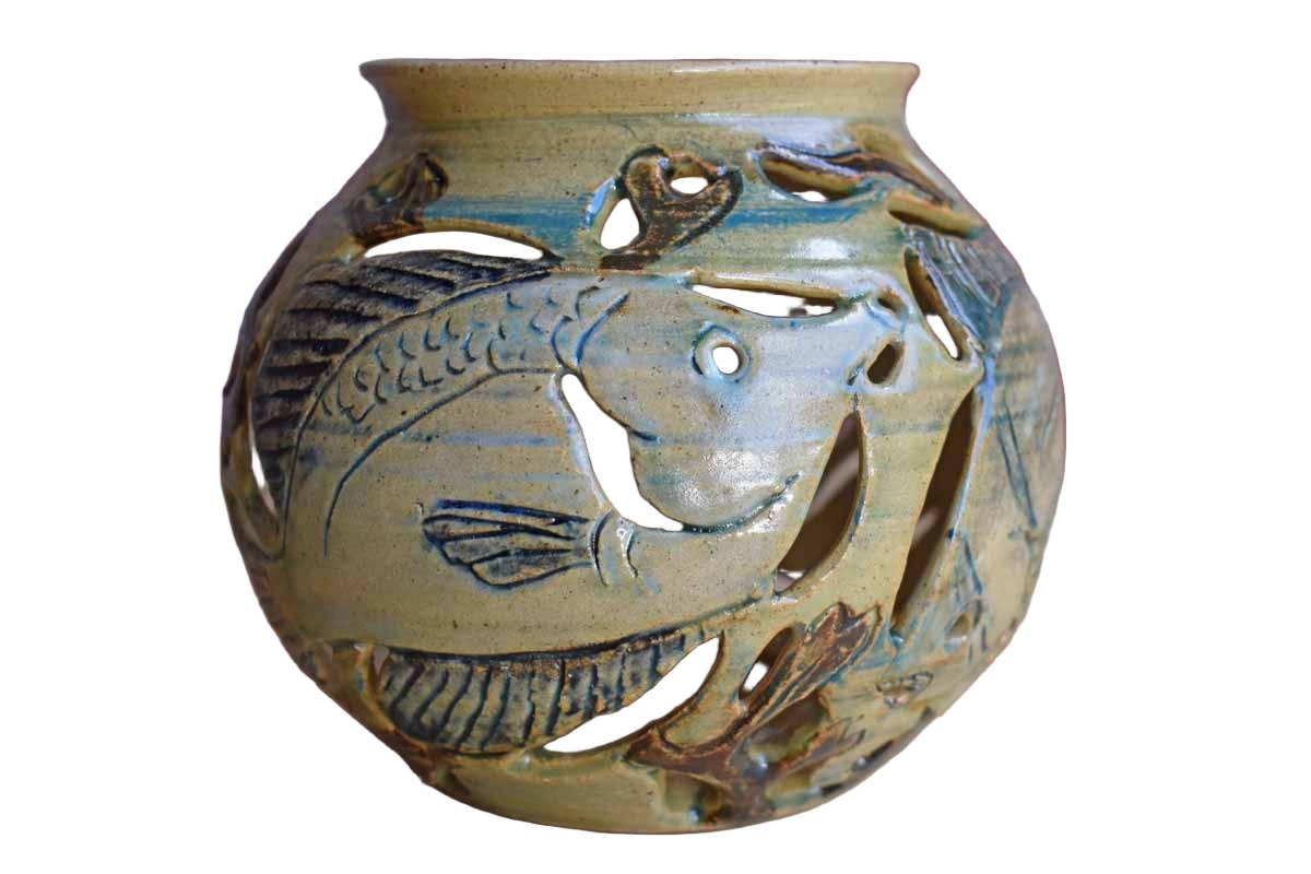 Globe-Shaped Ceramic Candle Holder with Fish Shapes