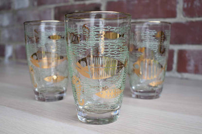 Libbey Glass (Ohio, USA) Marine Life Glass Tumblers Decorated with Gold and Green Sea Life