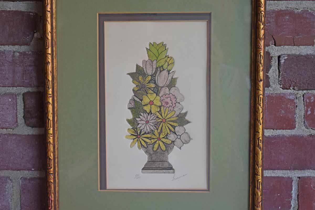 Original Numbered Etching of a Colorful Flower Arrangement by Freeman