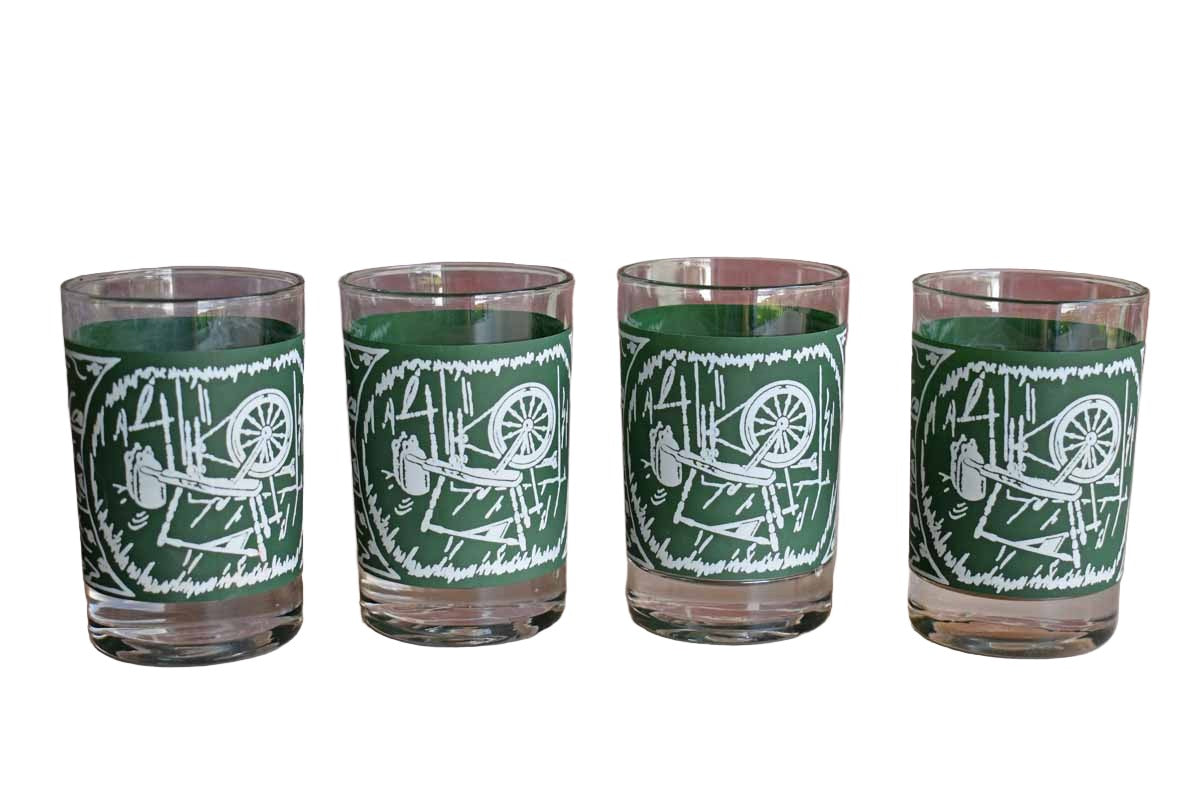 Juice Glasses with Spinning Wheels and Wood Doors, Set of 4