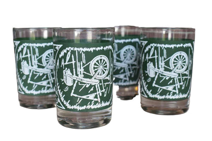 Juice Glasses with Spinning Wheels and Wood Doors, Set of 4
