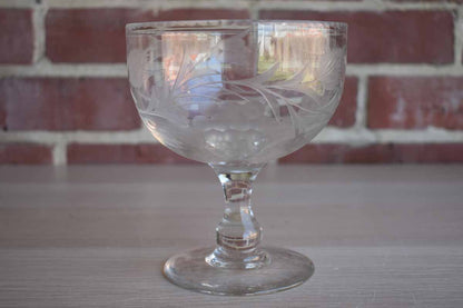 Glass Pedestal Bowl with Etched Grapes and Leaves