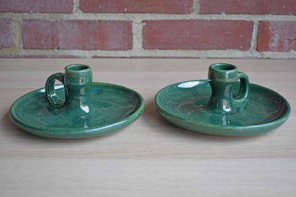 Pair of Handmade Green Ceramic Chambersticks