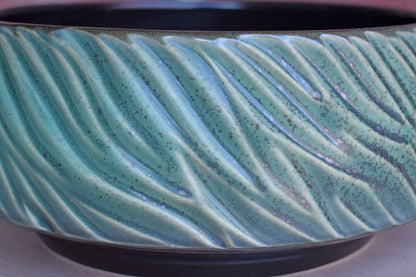 Shallow Handmade Bowl with Flowing Green Leaf-Like Patterns