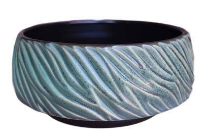 Shallow Handmade Bowl with Flowing Green Leaf-Like Patterns