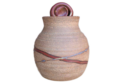 Ceramic Sugar Bowl with Dark Red and Gray Glaze Streaks
