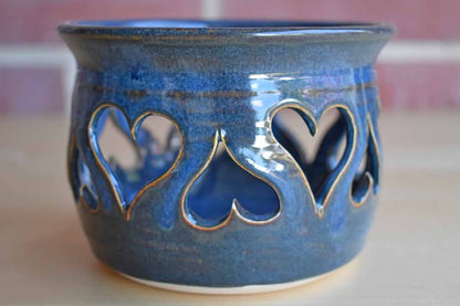 Blue Stonewae Candle Votive with Heart Cut-Outs