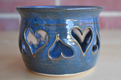 Blue Stonewae Candle Votive with Heart Cut-Outs