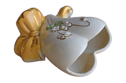 Ceramic Heart-Shaped Vase with Yellow Bow and Gold Accents