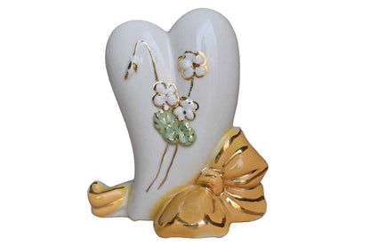 Ceramic Heart-Shaped Vase with Yellow Bow and Gold Accents