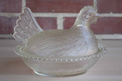Indiana Glass Company (Indiana, USA) Clear Glass Hen on Nest with Beaded Rim