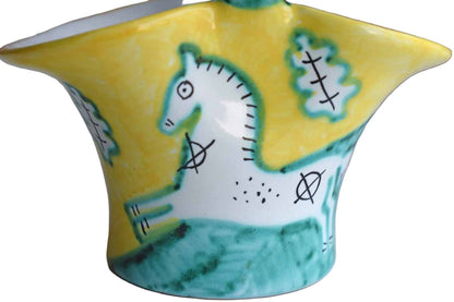 Small Ceramic Handled Basket with Horse Decoration, Made in Italy