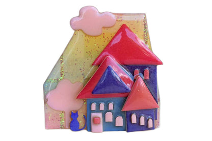 House Pins by Lucinda (Maine, USA) Resin Pin with Cat and Houses
