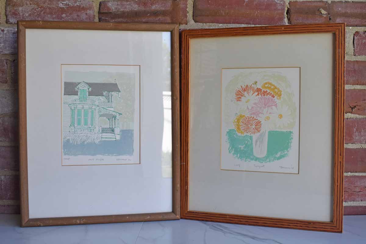 Norman Tomases Pair of Original Signed Proof Prints of a Victorian House and Vase of Flowers