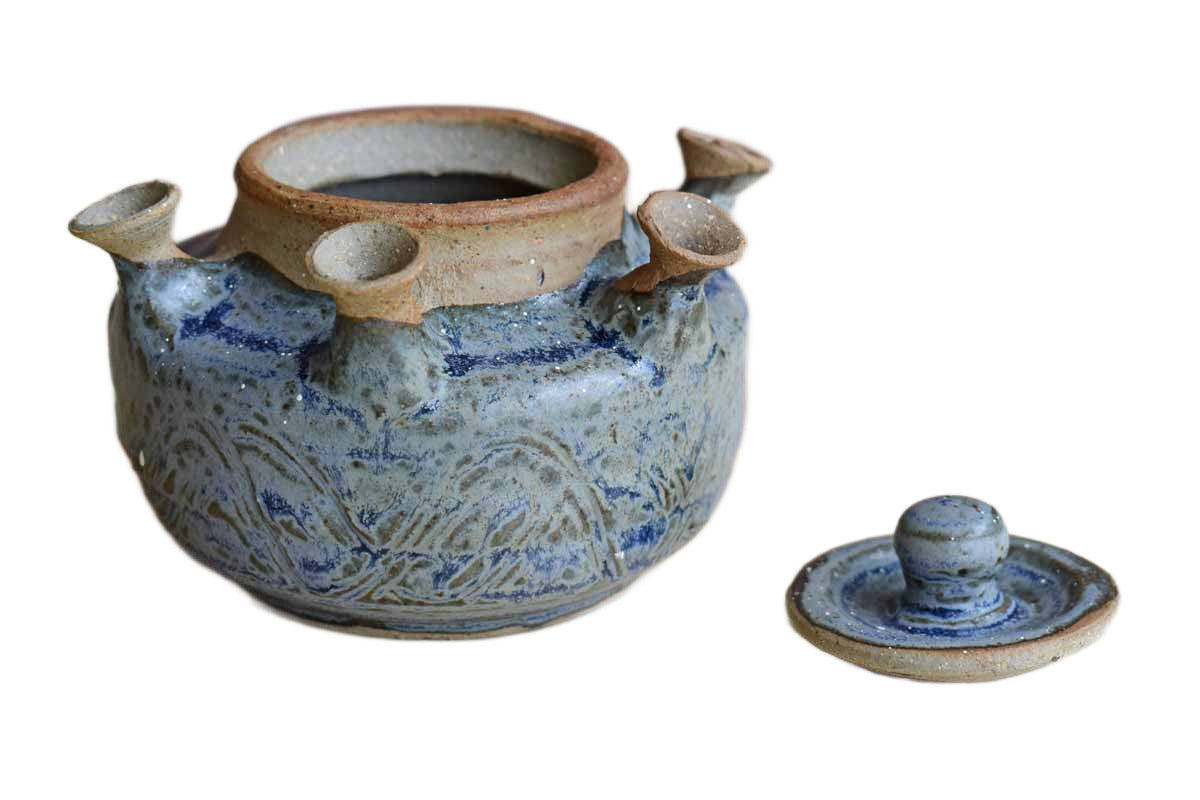 Unique Stoneware Lidded Incense Holder with Blue and Gray Glazes