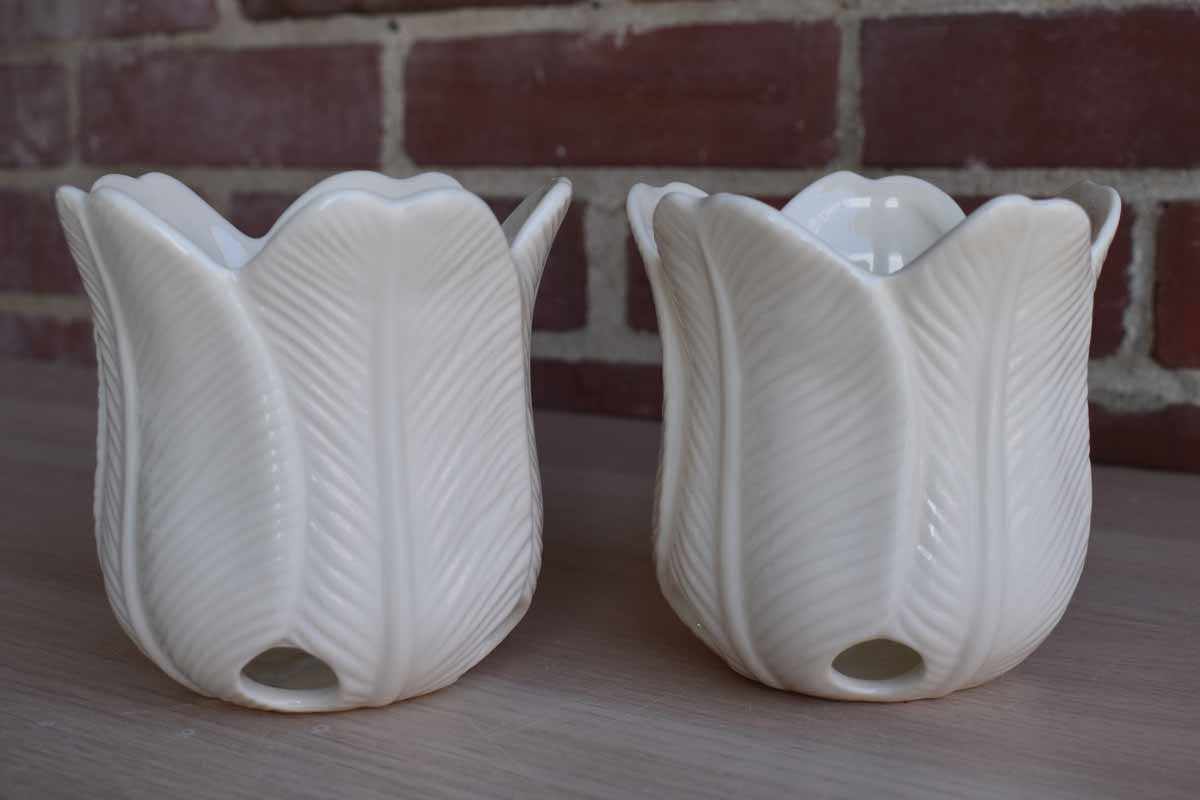 PartyLite (Made in Taiwan) Porcelain Tulip Petal-Shaped Candle Holders, A Pair