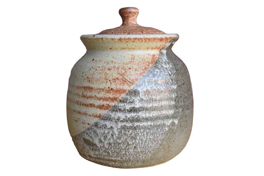 Ceramic Lidded Container with Green, Ochre and Tan Glazes